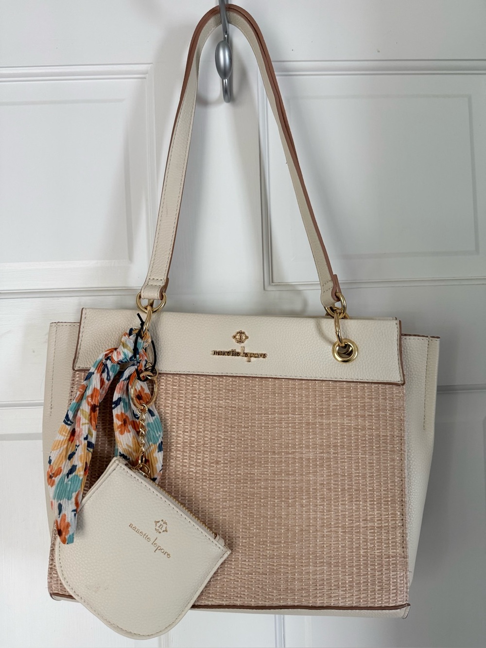 Nanette Lepore Cream and Beige Tote with Floral Scarf